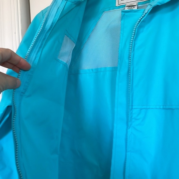 Women’s LL Bean Sz M Aqua hooded raincoat 2 front/1 interior pockets ventilation - Picture 6 of 12